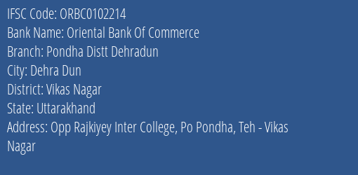 Oriental Bank Of Commerce Pondha Distt Dehradun Branch Vikas Nagar IFSC Code ORBC0102214