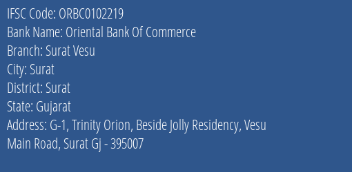 Oriental Bank Of Commerce Surat Vesu Branch Surat IFSC Code ORBC0102219