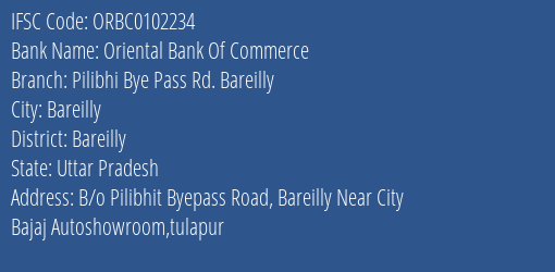 Oriental Bank Of Commerce Pilibhi Bye Pass Rd. Bareilly Branch Bareilly IFSC Code ORBC0102234