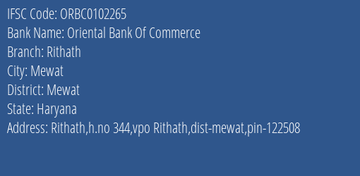 Oriental Bank Of Commerce Rithath Branch Mewat IFSC Code ORBC0102265