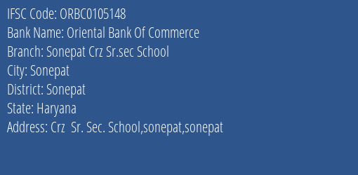 Oriental Bank Of Commerce Sonepat Crz Sr.sec School Branch Sonepat IFSC Code ORBC0105148