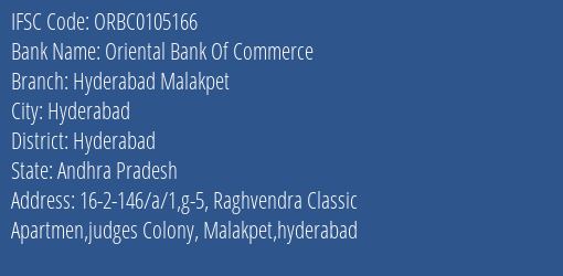 Oriental Bank Of Commerce Hyderabad Malakpet Branch Hyderabad IFSC Code ORBC0105166