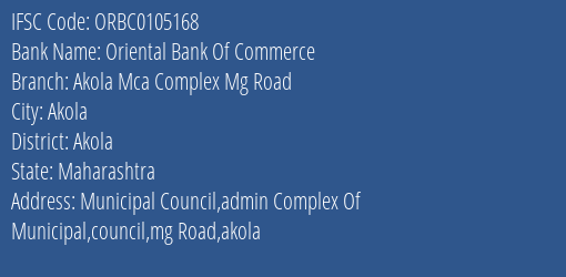 Oriental Bank Of Commerce Akola Mca Complex Mg Road Branch Akola IFSC Code ORBC0105168