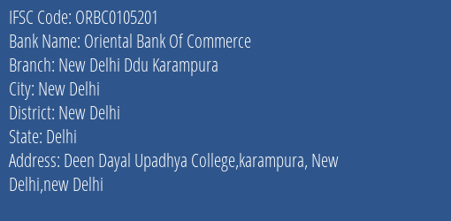 Oriental Bank Of Commerce New Delhi Ddu Karampura Branch New Delhi IFSC Code ORBC0105201