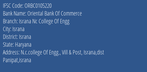 Oriental Bank Of Commerce Israna Nc College Of Engg Branch Israna IFSC Code ORBC0105220