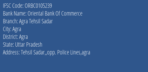 Oriental Bank Of Commerce Agra Tehsil Sadar Branch Agra IFSC Code ORBC0105239