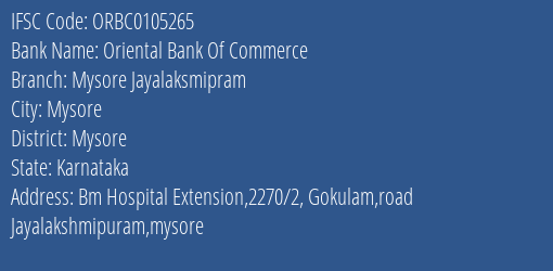 Oriental Bank Of Commerce Mysore Jayalaksmipram Branch Mysore IFSC Code ORBC0105265