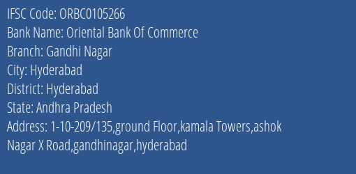 Oriental Bank Of Commerce Gandhi Nagar Branch Hyderabad IFSC Code ORBC0105266