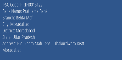 Prathama Bank Rehta Mafi Branch, Branch Code 013122 & IFSC Code Prth0013122