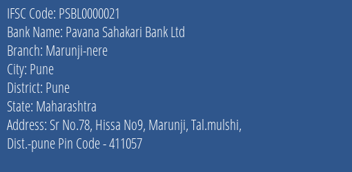 Pavana Sahakari Bank Ltd Marunji Nere Branch Pune IFSC Code PSBL0000021