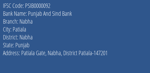 Punjab And Sind Bank Nabha Branch Nabha IFSC Code PSIB0000092