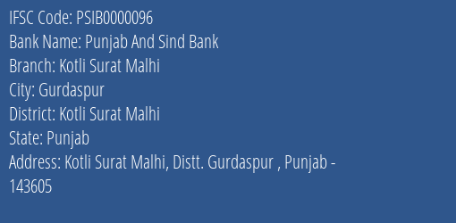 Punjab And Sind Bank Kotli Surat Malhi Branch Kotli Surat Malhi IFSC Code PSIB0000096