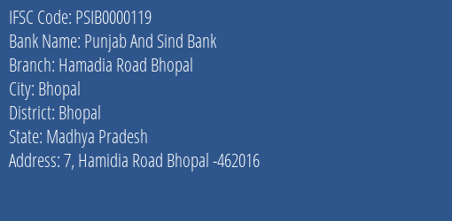 Punjab And Sind Bank Hamadia Road Bhopal Branch Bhopal IFSC Code PSIB0000119