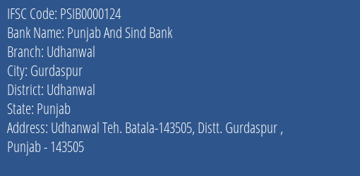 Punjab And Sind Bank Udhanwal Branch Udhanwal IFSC Code PSIB0000124