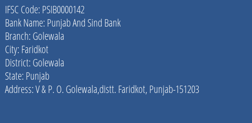 Punjab And Sind Bank Golewala Branch Golewala IFSC Code PSIB0000142