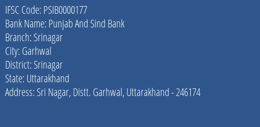 Punjab And Sind Bank Srinagar Branch Srinagar IFSC Code PSIB0000177