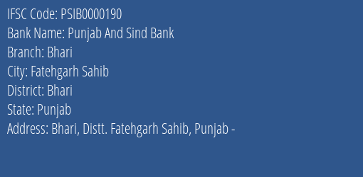 Punjab And Sind Bank Bhari Branch Bhari IFSC Code PSIB0000190