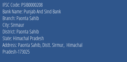 Punjab And Sind Bank Paonta Sahib Branch Paonta Sahib IFSC Code PSIB0000208