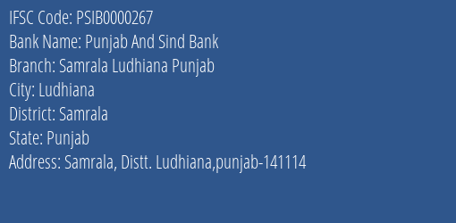 Punjab And Sind Bank Samrala Ludhiana Punjab Branch Samrala IFSC Code PSIB0000267