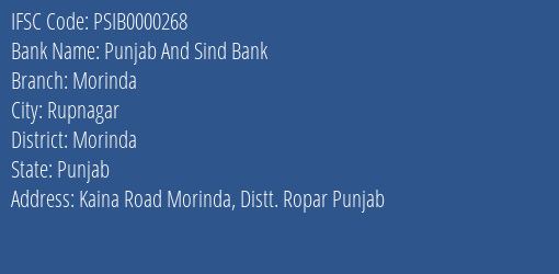 Punjab And Sind Bank Morinda Branch, Branch Code 000268 & IFSC Code PSIB0000268