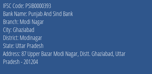 Punjab And Sind Bank Modi Nagar Branch Modinagar IFSC Code PSIB0000393