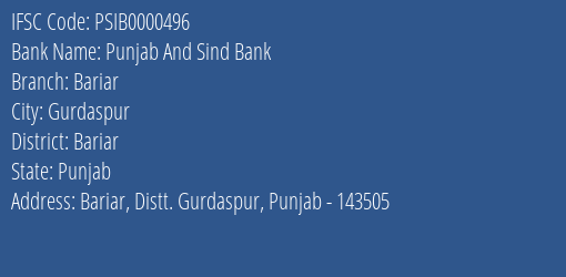 Punjab And Sind Bank Bariar Branch Bariar IFSC Code PSIB0000496