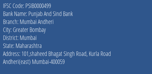 Punjab And Sind Bank Mumbai Andheri Branch Mumbai IFSC Code PSIB0000499