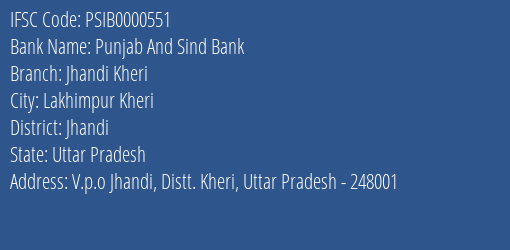 Punjab And Sind Bank Jhandi Kheri Branch Jhandi IFSC Code PSIB0000551