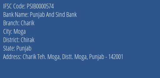 Punjab And Sind Bank Charik Branch Chirak IFSC Code PSIB0000574