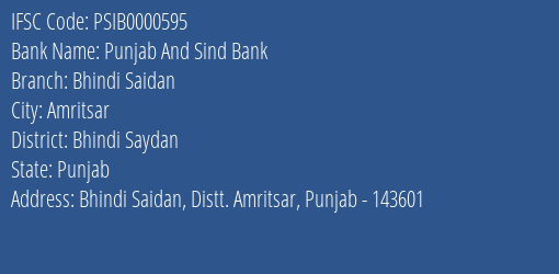 Punjab And Sind Bank Bhindi Saidan Branch Bhindi Saydan IFSC Code PSIB0000595
