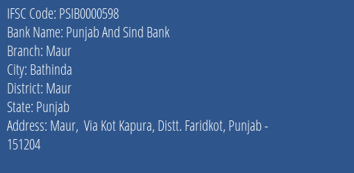 Punjab And Sind Bank Maur Branch, Branch Code 000598 & IFSC Code PSIB0000598