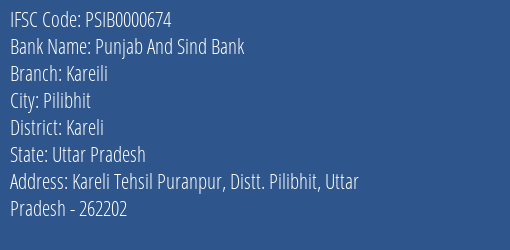 Punjab And Sind Bank Kareili Branch Kareli IFSC Code PSIB0000674