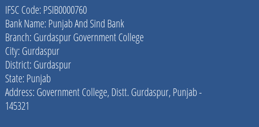 Punjab And Sind Bank Gurdaspur Government College Branch Gurdaspur IFSC Code PSIB0000760