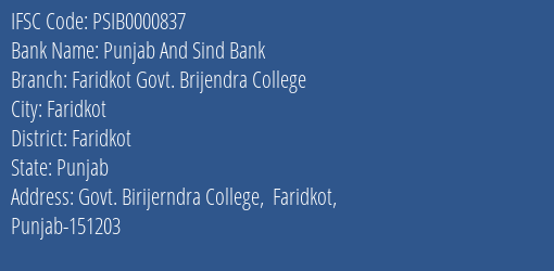 Punjab And Sind Bank Faridkot Govt. Brijendra College Branch Faridkot IFSC Code PSIB0000837