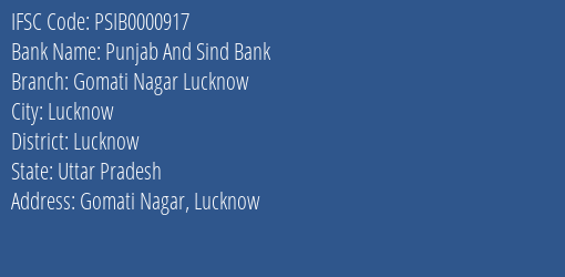 Punjab And Sind Bank Gomati Nagar Lucknow Branch Lucknow IFSC Code PSIB0000917
