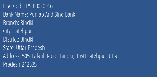 Punjab And Sind Bank Bindki Branch Bindki IFSC Code PSIB0020956