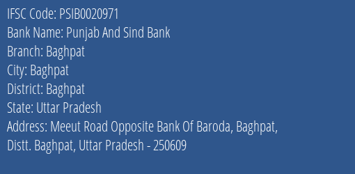 Punjab And Sind Bank Baghpat Branch Baghpat IFSC Code PSIB0020971