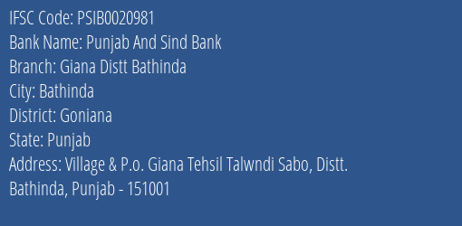 Punjab And Sind Bank Giana Distt Bathinda Branch Goniana IFSC Code PSIB0020981