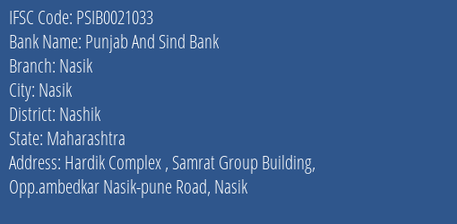 Punjab And Sind Bank Nasik Branch, Branch Code 021033 & IFSC Code Psib0021033