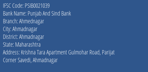 Punjab And Sind Bank Ahmednagar Branch Ahmadnagar IFSC Code PSIB0021039