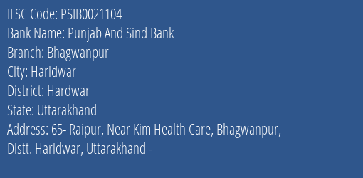 Punjab And Sind Bank Bhagwanpur Branch Hardwar IFSC Code PSIB0021104