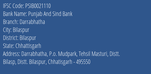 Punjab And Sind Bank Darrabhatha Branch Bilaspur IFSC Code PSIB0021110