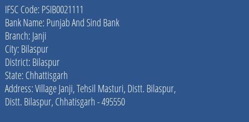 Punjab And Sind Bank Janji Branch Bilaspur IFSC Code PSIB0021111