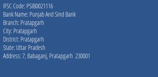 Punjab And Sind Bank Pratapgarh Branch, Branch Code 021116 & IFSC Code PSIB0021116