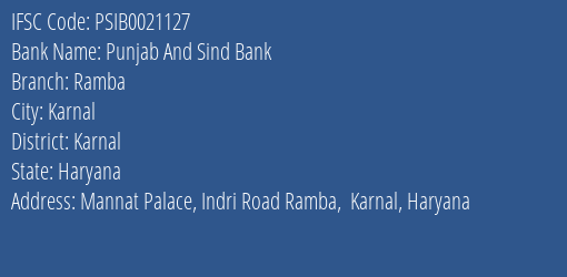 Punjab And Sind Bank Ramba Branch Karnal IFSC Code PSIB0021127