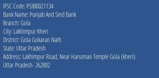Punjab And Sind Bank Gola Branch Gola Gokaran Nath IFSC Code PSIB0021134