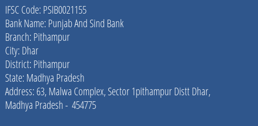 Punjab And Sind Bank Pithampur Branch Pithampur IFSC Code PSIB0021155