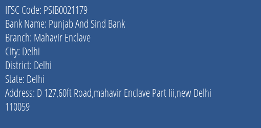 Punjab And Sind Bank Mahavir Enclave Branch Delhi IFSC Code PSIB0021179