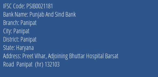 Punjab And Sind Bank Panipat Branch, Branch Code 021181 & IFSC Code Psib0021181