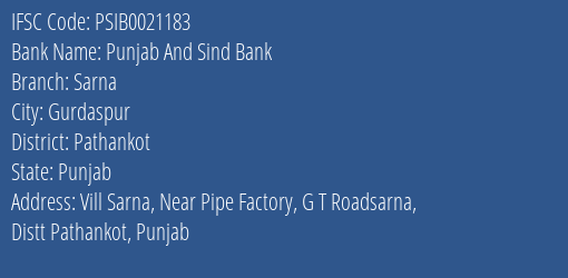 Punjab And Sind Bank Sarna Branch Pathankot IFSC Code PSIB0021183